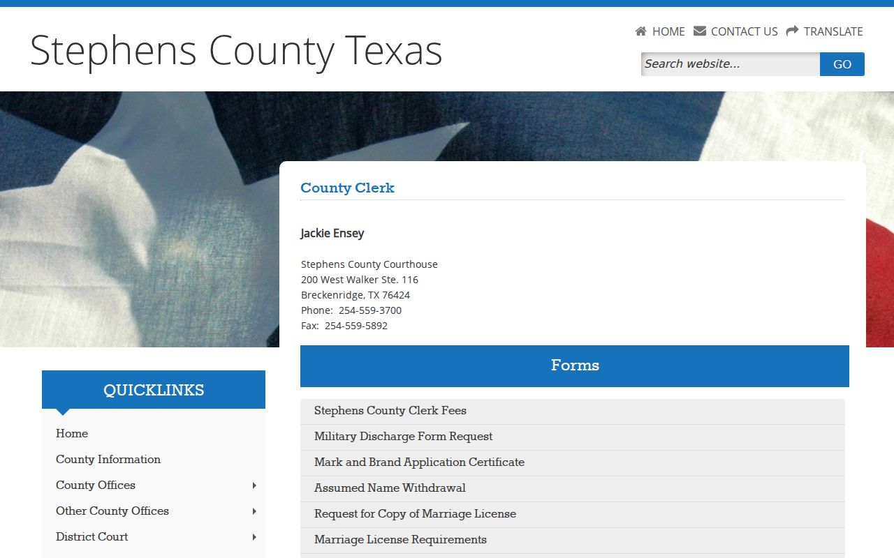 Stephens County warrant check reference: County Clerk office page