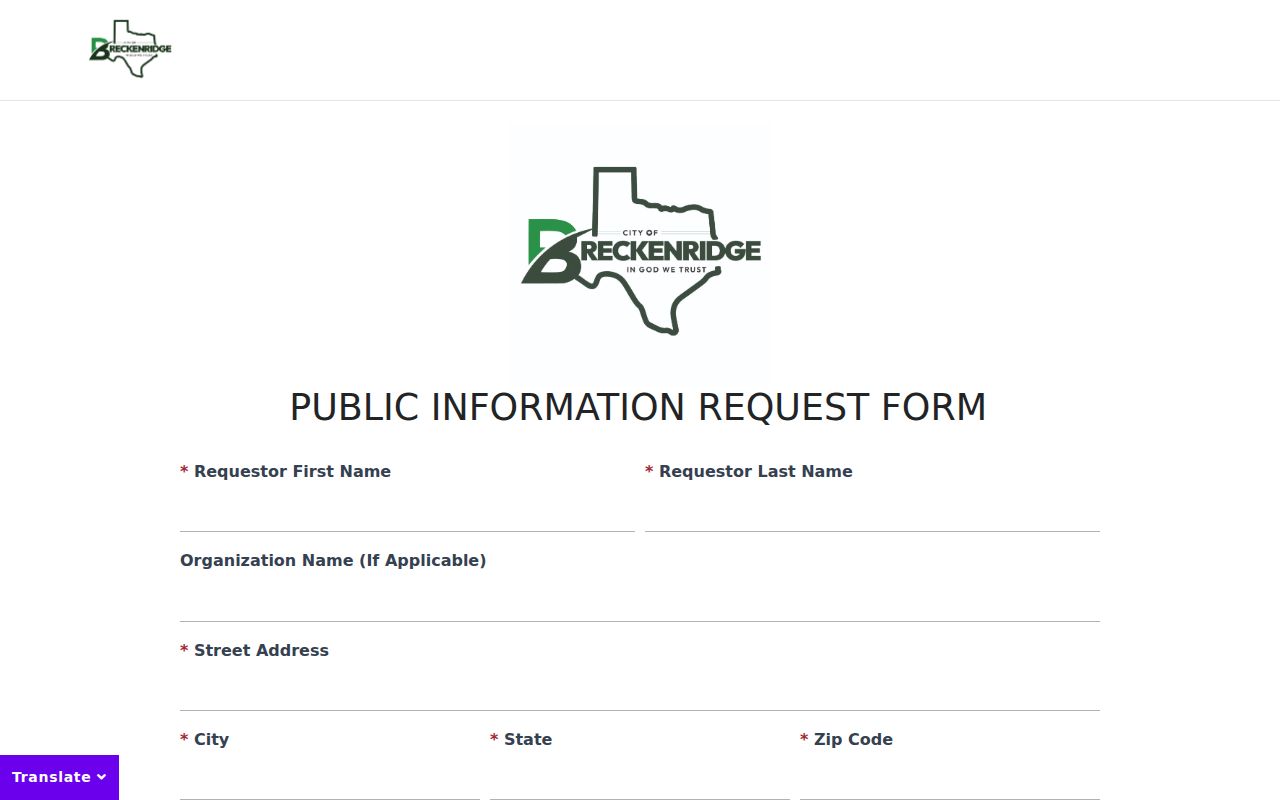 Breckenridge warrant records reference: general city records request form