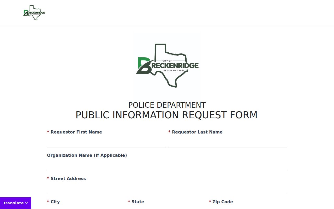 Breckenridge warrant records reference: police records request form shell