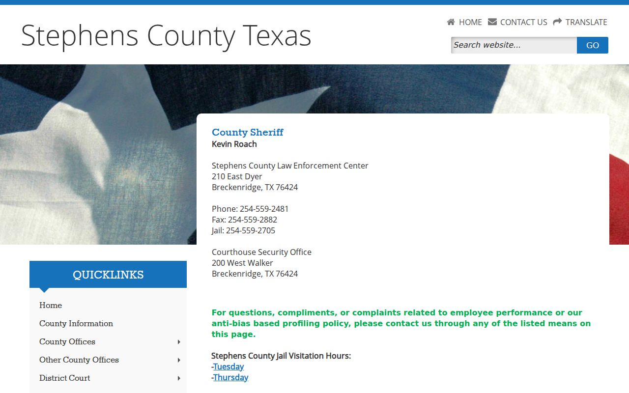 Stephens County warrant records reference: sheriff office contact page