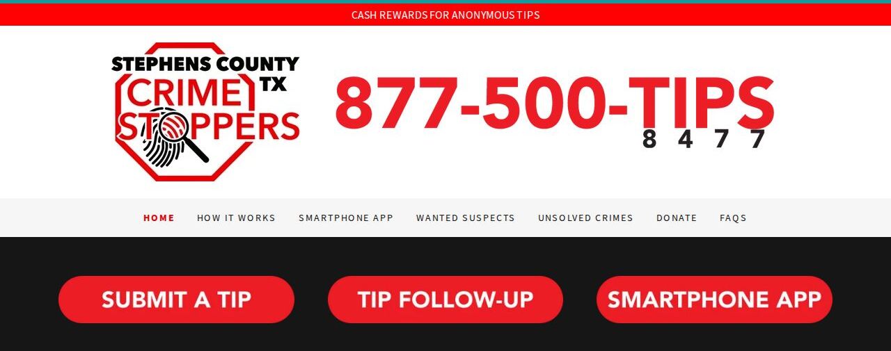 Stephens County warrant tip reference: Crime Stoppers anonymous tip controls